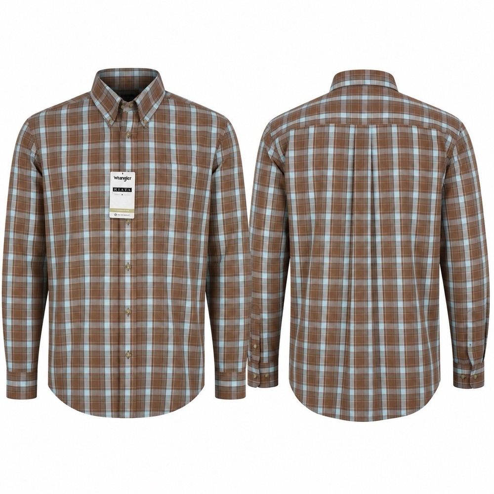 Wrangler Riata Classic Fit Plaid Button Down Shirt Brown Blue Mens M 10MR2127A